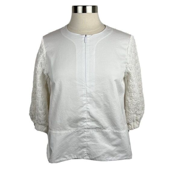 Tibi Blouse 2 Womens White Half Zip Textured 3/4 Sleeves Boho Relaxed Cotton - Picture 1 of 8